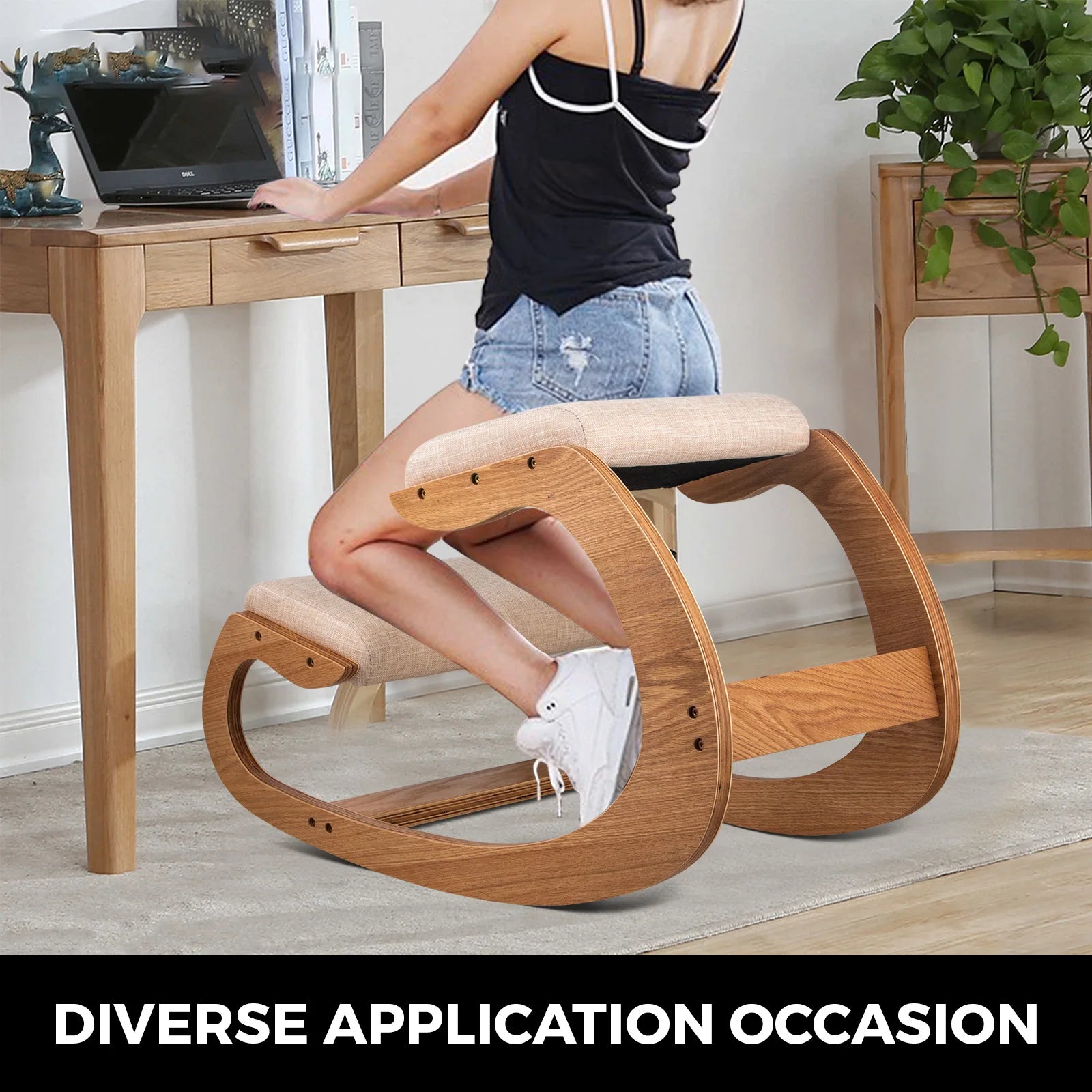 VEVOR Ergonomic Kneeling Chair – Rocking Wood Stool with Thick Cushion - Image 2