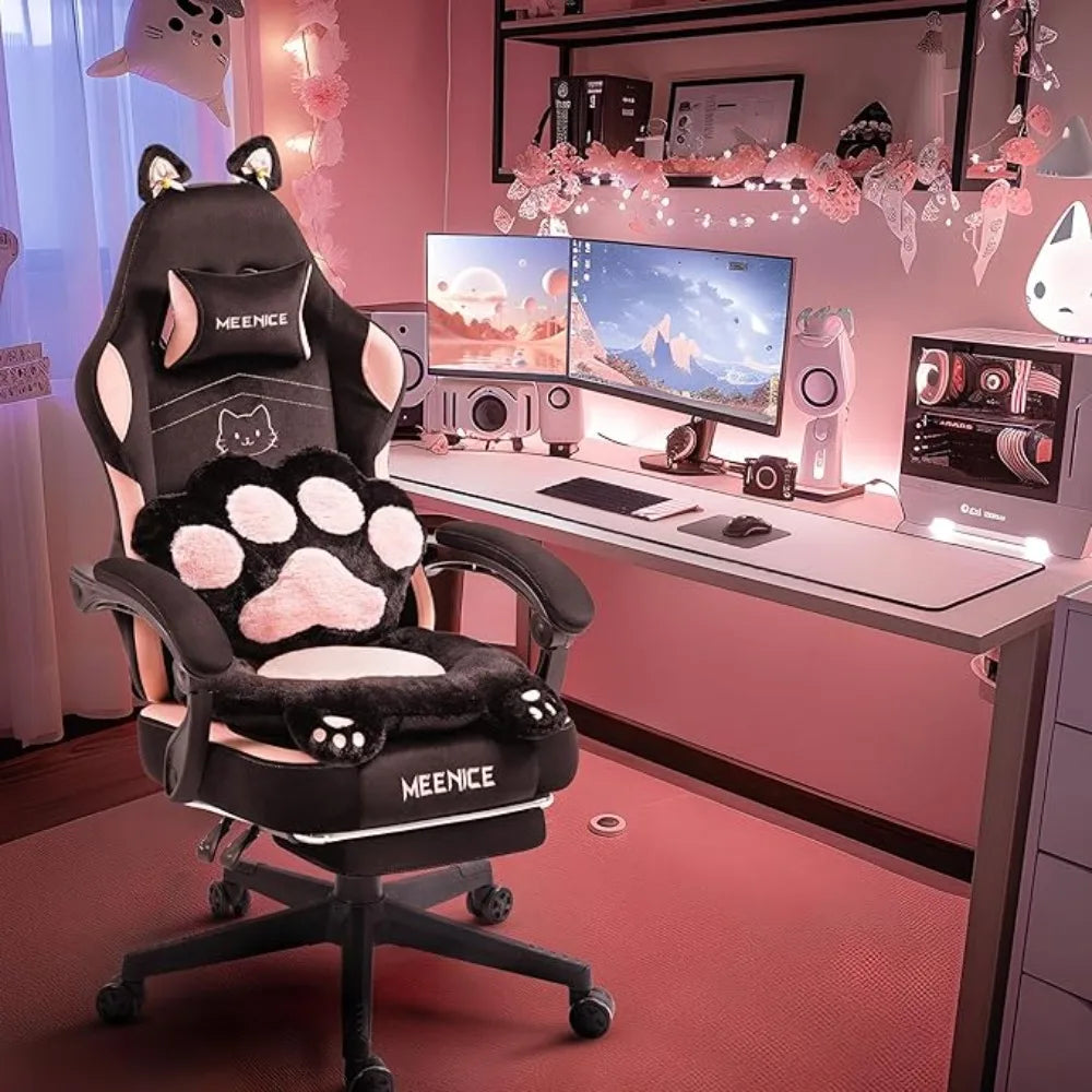 Cute Gaming Chair with Cat Ears – Ergonomic Recliner with Footrest & Paw Cushion - Image 9