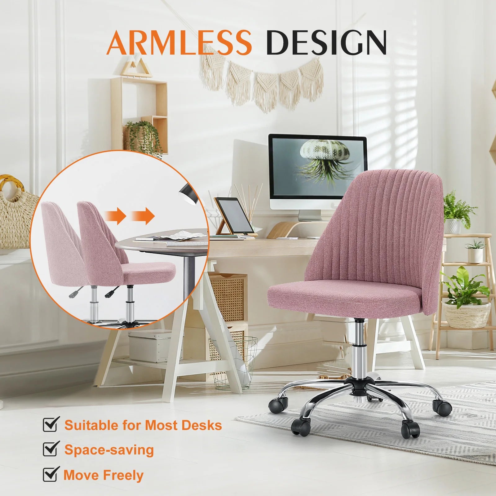 JHK Armless Small Desk Office Chair – Cute Swivel Vanity Chair with Backrest & Wheels - Image 6