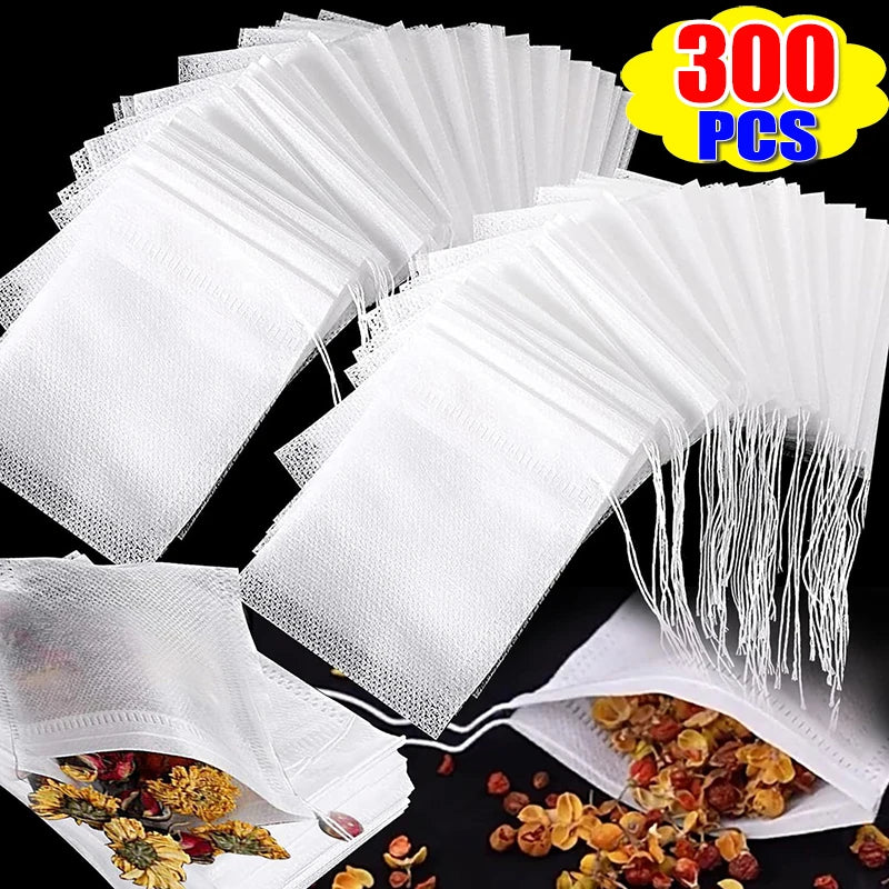 300/50PCS Disposable Tea Bags – Non-Woven Fabric Drawstring Infuser Bags for Loose Tea & Coffee