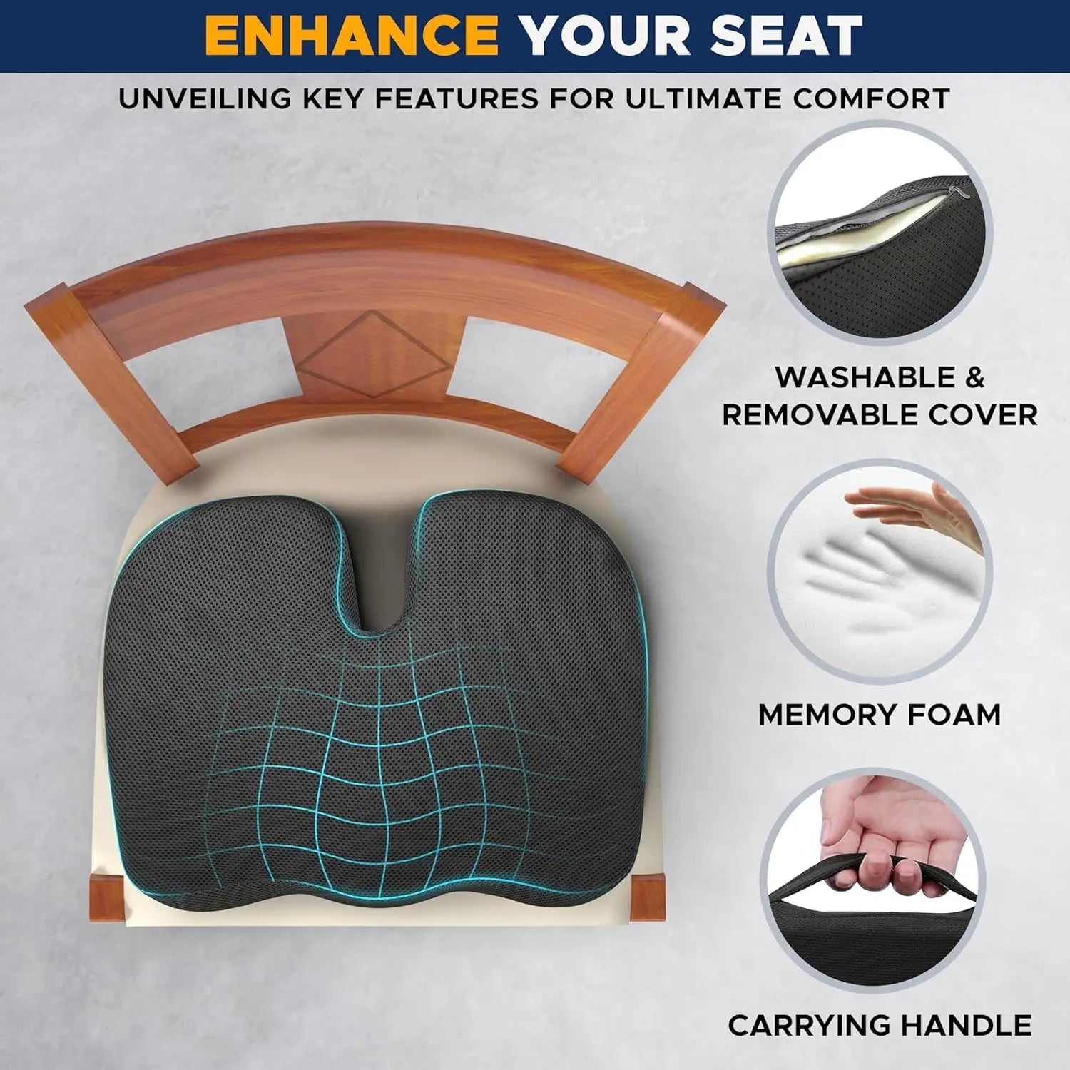 Gel Orthopedic Memory Foam Seat Cushion – U-Shaped Coccyx Support for Car, Office & Travel - Image 3