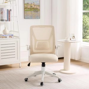 Beige Mid-Back Ergonomic Desk Chair – Swivel Office Chair with Adjustable Arms & Mesh Lumbar Support