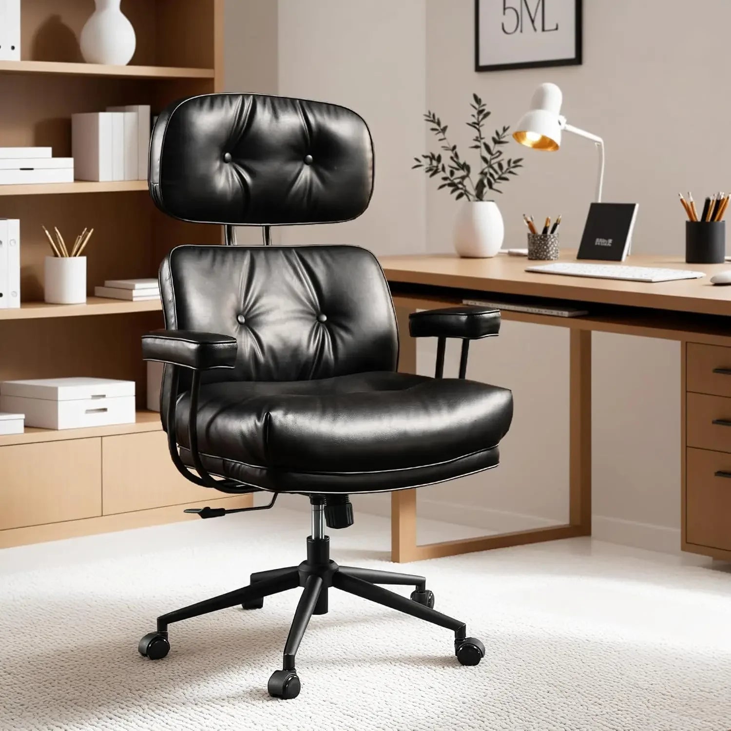 Ergonomic Mid-Century Leather Office Chair – High Back Executive Swivel Chair - Image 7